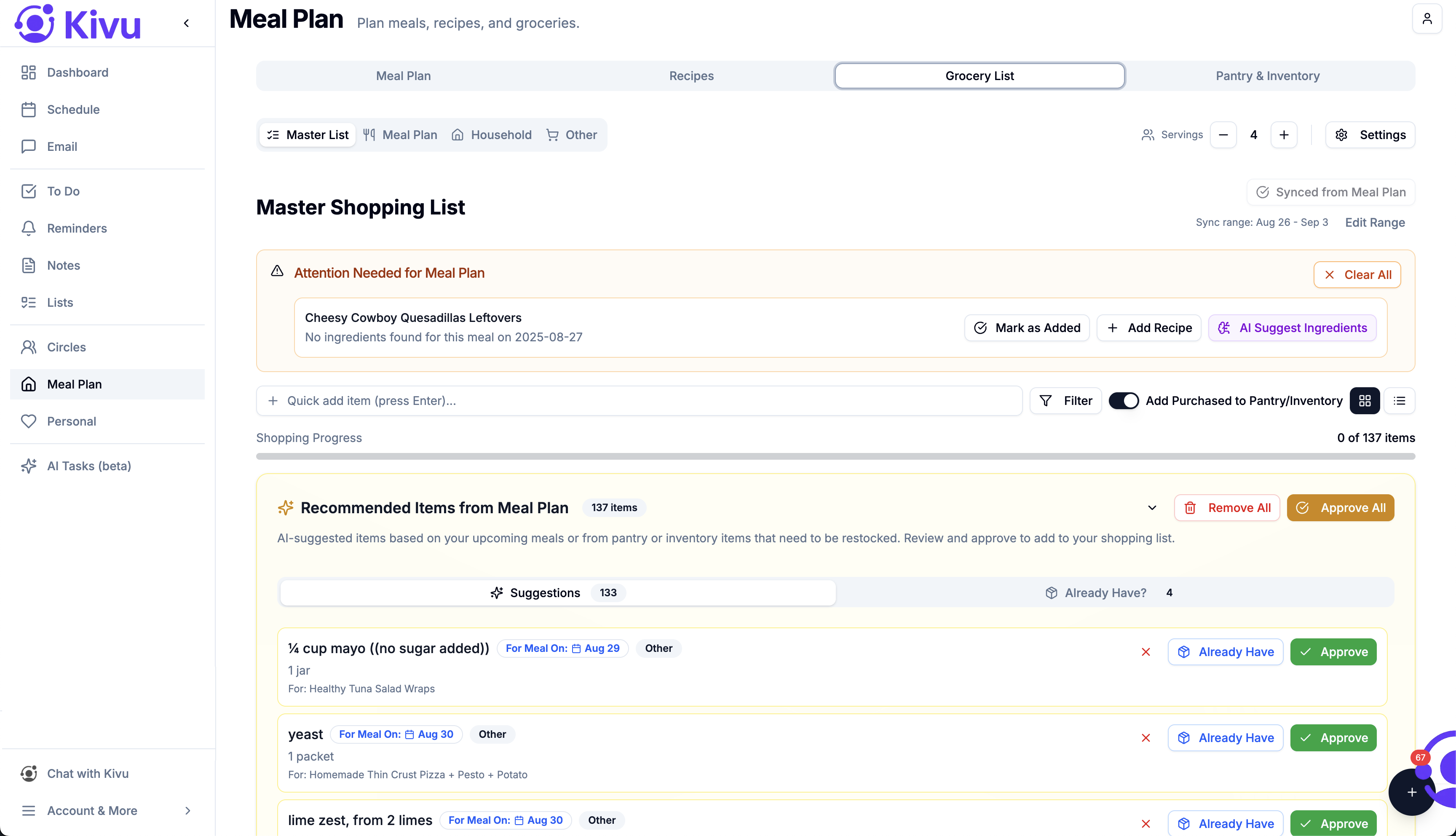 Grocery list with auto-generated items from meal plan